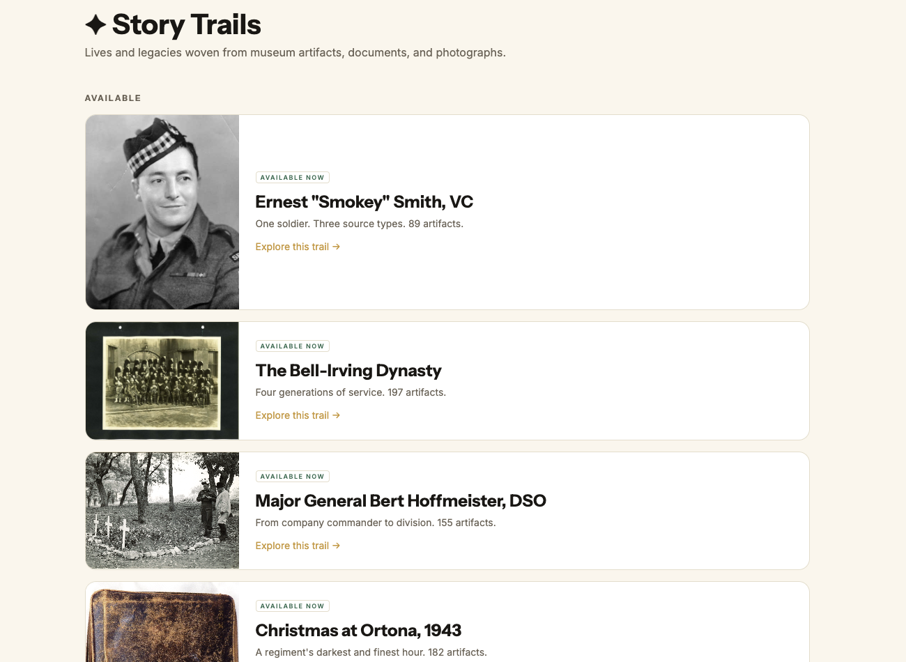 Narratives — historian, family, and curator voices for one object, each sourced.