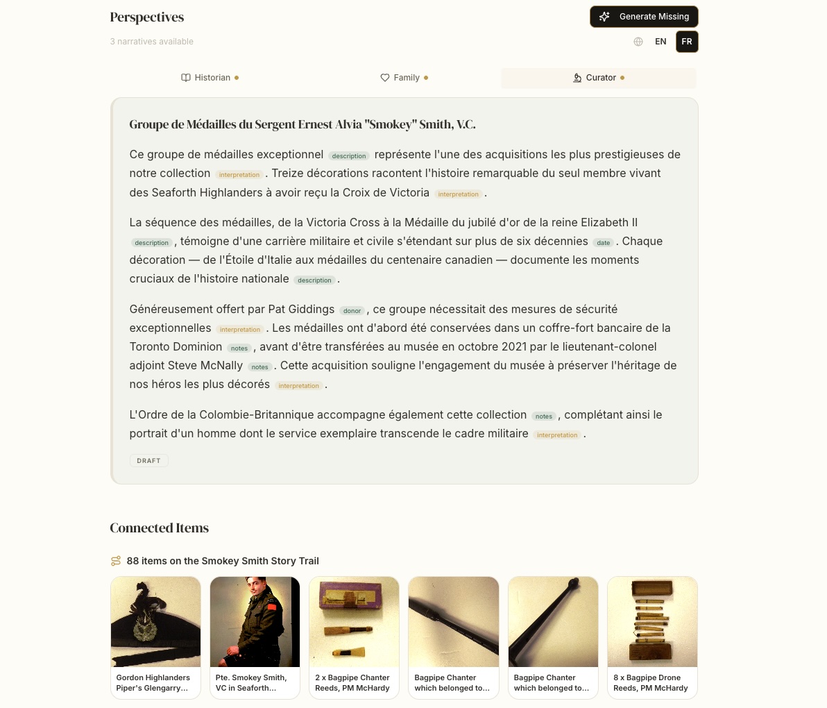 Narratives — historian, family, and curator voices for one object, each sourced.
